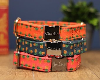 Tropical Pineapple Dog Collar, Personalized Laser Engraved Metal Buckle, Handmade in Texas