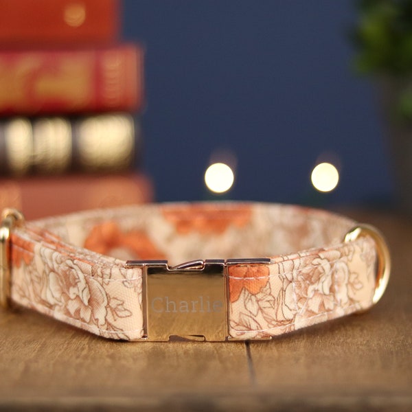 Peach Blossom Dog Collar, Personalized Laser Engraved Metal Buckle Dog Collar, Beautiful Peach Floral Pattern Dog Collar for Boy or Girl Pup