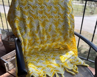 Vintage Afghan Crochet Yellow Goldenrod and White with Tassels