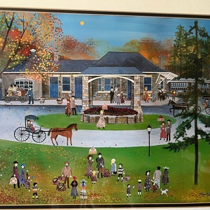 May include: A vintage painting of a stone building with a large porch and a horse-drawn carriage in front. People are gathered around the building and in the surrounding area. The painting is set in a fall scene with colorful trees and leaves on the ground. The painting is signed "Roy Cline 1972".