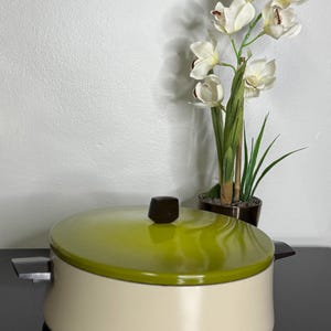 May include: A vintage cream and green casserole dish with a dark brown handle and lid knob. The lid is a bright green color. The dish has two side handles. A decorative plant with white flowers is in the background.