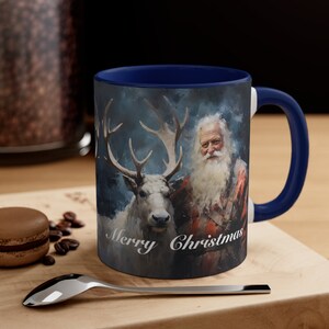 Santa and Reindeer Vintage  Coffee Mug,  11oz, In Five Colors Merry Christmas Mug