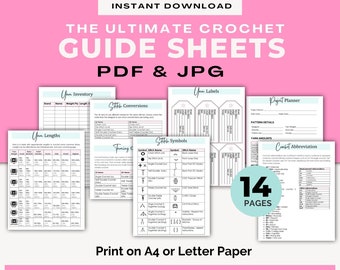 Hojas de referencia de crochet, Hojas de trucos de crochet, Guía de crochet, Etiquetas, Guías básicas de crochet, Hoja de inventario, Crochet imprimible / DESCARGA PDF