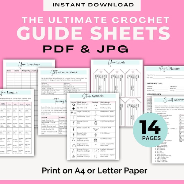 Crochet Reference Sheets, Crochet Cheat Sheets, Crochet Guide, Tags, Basic Crochet Guides, Inventory Sheet, Printable Crochet | PDF DOWNLOAD