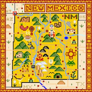 Może przedstawiać: Pikselowa mapa Nowego Meksyku z żółtym tłem i czerwoną i złotą obwódką. Mapa zawiera różne ikony reprezentujące zabytki i symbole stanu, takie jak papryczka chili, biegacz pustynny i nazwa stanu na górze.