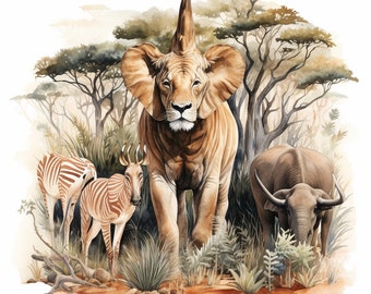 Stampa ad acquerello della savana africana: arte della fauna selvatica (download digitale)
