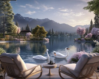 Stampa artistica con vista sulle montagne e sul lago: paesaggio sereno con pini (download digitale)