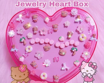 Hawaiian Kitty 2 Tier Heart Jewelry Box, Summer Kitty Jewelry Box, Kawaii Kitty, Snuisterijdoosje en Spiegel, roze, coquette, y2k, decoden, Tan