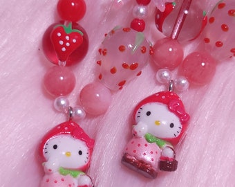 Cute Strawberry Kitty Phone Charm, Wrist Phone Strap, Backpack Keychain Accessories, Kawaii, Pink, Purse, Baggu, Kindle, Bag, Baggu