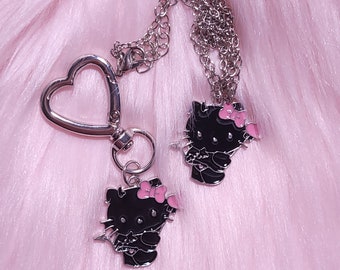Devil Kitty Keychain or Necklace Silver, Backpack Keychain Accessories, Kawaii, Pink, Purse, Baggu, Bag, Jewelry, Goth Kitty Emo, Harajuku