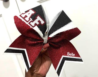 3 color glitter bow sunburst style  with rhinestone center, rhinestone accent and school initials