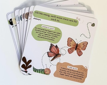 Puede incluir: Una baraja de cartas ilustradas con temática de la naturaleza. Las cartas presentan imágenes de mariposas, orugas y hojas, junto con texto en alemán. Las cartas son blancas con ilustraciones coloridas y texto en verde, marrón y negro.
