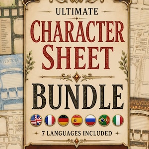 May include: A digital character sheet bundle featuring the text Ultimate Character Sheet Bundle and 70+ Different Styles / Classes. The design includes seven circular national flags and various role-playing game character record templates.