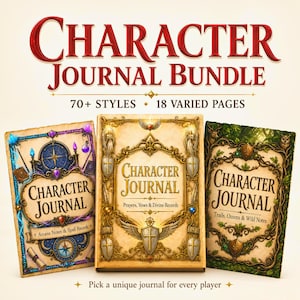 May include: A Character Journal Bundle featuring three distinct books with ornate covers. The left book is blue with spell motifs, the center is gold with religious iconography, and the right is green with forest imagery. Text includes "Character Journal Bundle" and "70+ Styles 18 Varied Pages".
