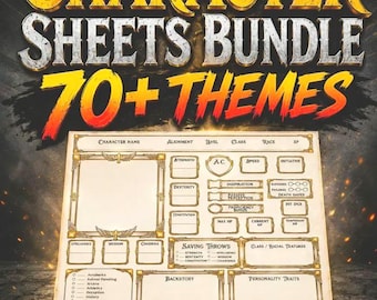 Pacchetto di schede personaggio compatibile con D&D 5e e vari altri giochi di ruolo. Oltre 70 stili disponibili.