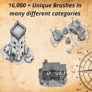 May include: A digital illustration on parchment-style paper featuring a tall stone tower, a cluster of small round buildings, and a two-story house. The text reads 16,000 + Unique Brushes in many different categories, accompanied by a partial compass.