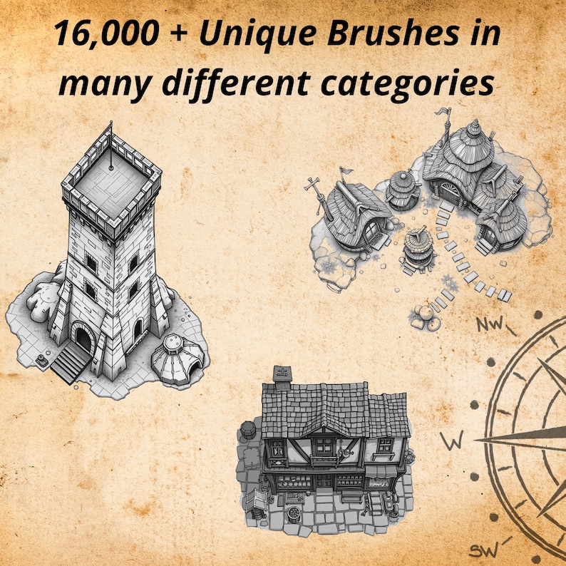May include: A digital illustration on parchment-style paper featuring a tall stone tower, a cluster of small round buildings, and a two-story house. The text reads 16,000 + Unique Brushes in many different categories, accompanied by a partial compass.