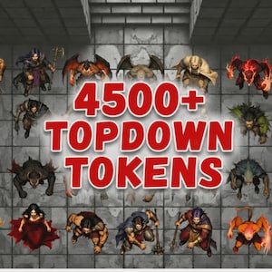 May include: A collection of 4500+ topdown tokens featuring various fantasy characters and creatures in a grid layout. The characters include warriors, monsters, demons, and winged beings, all depicted from a top-down perspective on a stone floor.