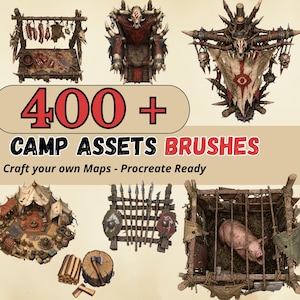 May include: A digital collection of 400+ camp assets brushes for map creation, featuring illustrations of a meat drying rack, a throne, a banner, a tent encampment, a weapon rack with spears and shields, a wood pile with an axe, and a pig in a pen.