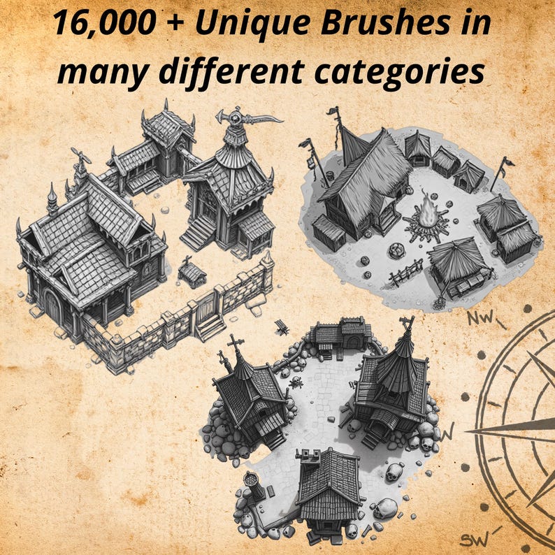 May include: A digital collection of 16,000 + Unique Brushes in many different categories featuring black and white line art illustrations of fantasy buildings, village structures, and a compass rose on a textured parchment-style background.