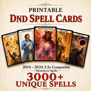 DnD Spell Cards Bundle 5e Compatible 2014 and 2024 - 3,000 spells (SRD + Homebrew Spells)