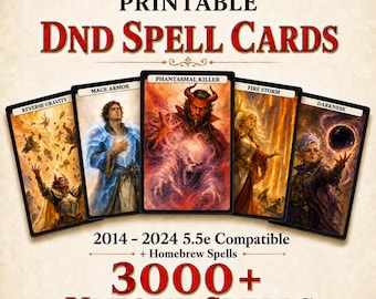 DnD Spell Cards Bundle 5e Compatible 2014 and 2024 - 3,000 spells (SRD + Homebrew Spells)