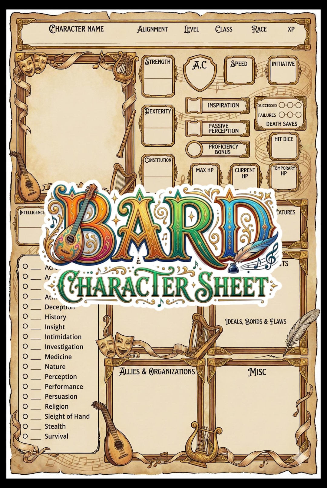 Bard Character Sheet - Dnd 5e - 5 Page Set - Printable PDF A4/US Letter ...