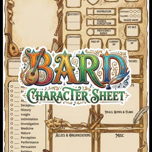 Bard Character Sheet - DnD 5e - 5 Page Set - Printable PDF A4/US Letter - Vintage Parchment - Digital Download