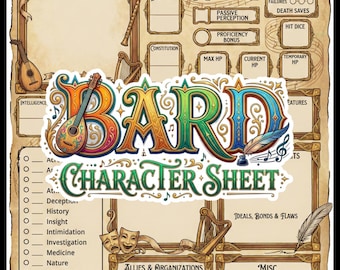 Bard-tekenblad - DnD 5e - 5 paginaset - afdrukbare pdf A4/US Letter - vintage perkament - digitale download