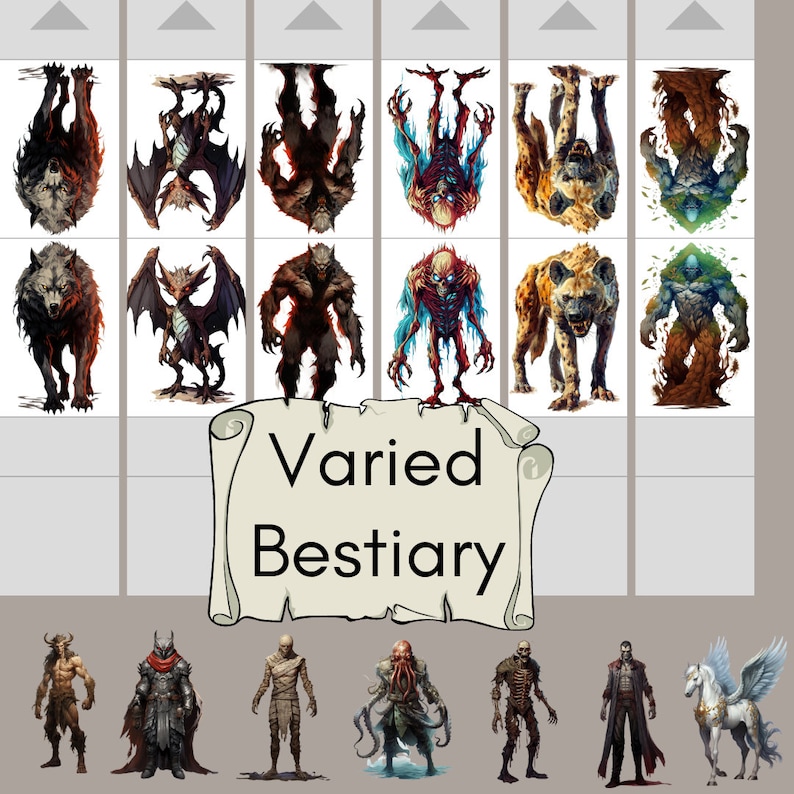 Puede incluir: Una colecci&oacute;n de ilustraciones de criaturas fant&aacute;sticas dispuestas en una cuadr&iacute;cula, con lobos, dragones, monstruos y figuras no muertas. Un pergamino central muestra el texto Varied Bestiary, con figuras de personajes adicionales debajo.
