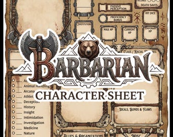 Personageblad voor een BARBAAR - Compatibel met D&D 5e - Set van 5 pagina's - Afdrukbare PDF A4/US Letter - Vintage perkament - Digitale download