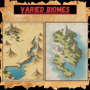May include: A hand-drawn map depicting two contrasting biomes. The left side features a desert landscape with a river, a small lake, and a village. The right side shows a mountainous island with a winding path and a coastline.