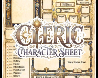 CLERIC-tekenblad - compatibel met DnD 5e - set van 5 pagina's - afdrukbare pdf A4/US Letter - vintage perkament - digitale download