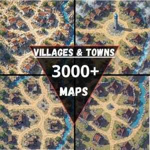 May include: A composite image showcasing four detailed, top-down illustrations of villages and towns. The artwork features buildings with red-tiled roofs, winding roads, and flowing rivers. The central graphic reads "VILLAGES & TOWNS" and "3000+ MAPS."