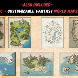 May include: A collection of 650+ customizable fantasy world maps featuring various terrains including snow-capped mountains, green forests, rivers, lakes, and coastal islands. The text at the top reads: ALSO INCLUDED 650 + CUSTOMIZABLE FANTASY WORLD MAPS.