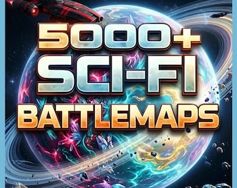 May include: A digital graphic featuring a large planet with glowing pink and blue energy, surrounded by rings and asteroids. A black and red spaceship flies in the upper left corner. The text 5000+ SCI-FI BATTLEMAPS is displayed in large, bold letters.