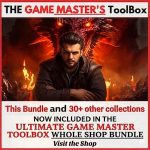 Puede incluir: Un gr&aacute;fico digital con el texto THE GAME MASTER'S TOOLBOX en la parte superior. Una persona barbuda con chaqueta oscura se sienta ante un gran drag&oacute;n rojo brillante de ojos ardientes. El texto inferior dice This Bundle and 30+ other collections NOW INCLUDED IN THE ULTIMATE GAME MASTER TOOLBOX WHOLE SHOP BUNDLE Visit the Shop.