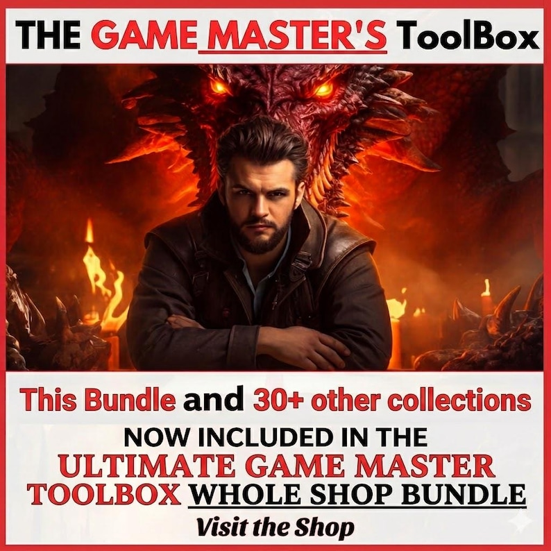 Puede incluir: Un gr&aacute;fico digital con el texto THE GAME MASTER'S TOOLBOX en la parte superior. Una persona barbuda con chaqueta oscura se sienta ante un gran drag&oacute;n rojo brillante de ojos ardientes. El texto inferior dice This Bundle and 30+ other collections NOW INCLUDED IN THE ULTIMATE GAME MASTER TOOLBOX WHOLE SHOP BUNDLE Visit the Shop.