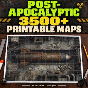 Può includere: Una mappa stampabile con vista dall'alto di un missile arrugginito in un silo di cemento con una griglia. Il testo recita POST-APOCALYPTIC 3500+ PRINTABLE MAPS e A4 + US Letter | 1-inch grids. Include un righello, una matita e un dado.