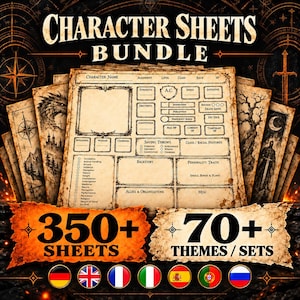 Può includere: Un pacchetto di schede personaggio per giochi di ruolo con design a pergamena e campi per nome, statistiche e abilità. Il testo recita Character Sheets Bundle, 350+ Sheets e 70+ Themes/Sets, con varie icone di bandiere sottostanti.