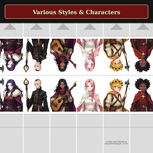 Puede incluir: Una pantalla digital titulada Various Styles & Characters que muestra seis figuras de fantas&iacute;a ilustradas en dos filas. Los personajes incluyen un guerrero con hacha, un mago con bast&oacute;n, un m&uacute;sico con guitarra, una figura con capa rosa, un aventurero con corona de girasoles y una figura con capa roja. El texto inferior dice Crafted with Passion by SacredArtsDesigns - ETSY.