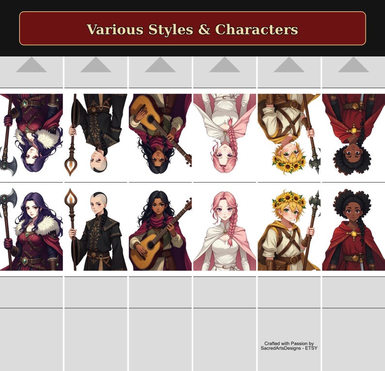 Puede incluir: Una pantalla digital titulada Various Styles & Characters que muestra seis figuras de fantas&iacute;a ilustradas en dos filas. Los personajes incluyen un guerrero con hacha, un mago con bast&oacute;n, un m&uacute;sico con guitarra, una figura con capa rosa, un aventurero con corona de girasoles y una figura con capa roja. El texto inferior dice Crafted with Passion by SacredArtsDesigns - ETSY.