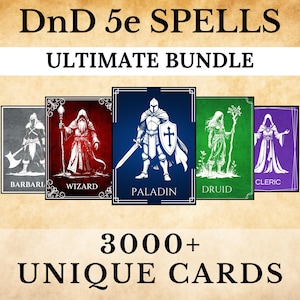 Paquete de 3000 cartas de hechizos de fantasía / Compatible con 5e / SRD + hechizos personalizados / Mazo de hechizos de rol imprimible