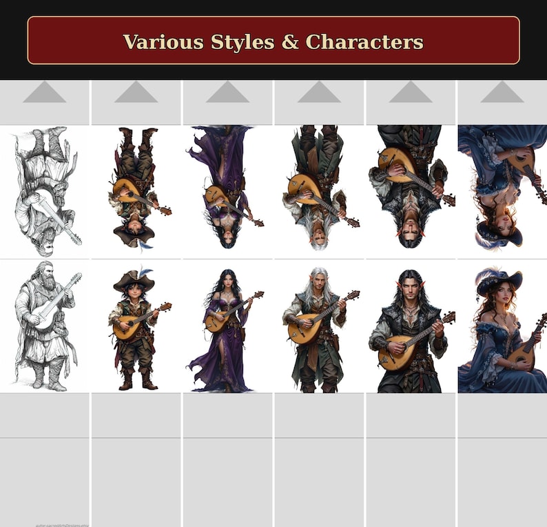 Puede incluir: Una cuadr&iacute;cula de doce ilustraciones titulada Various Styles & Characters, que muestra seis figuras de fantas&iacute;a tocando la&uacute;d. Cada personaje aparece en un boceto en blanco y negro y en versi&oacute;n a color, incluyendo un bardo barbudo, un pirata, una mujer de morado, un elfo, un m&uacute;sico de pelo oscuro y una mujer con vestido azul.