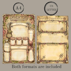 Op de afbeelding: Twee printbare spelbladen met een rand in botthema. Het linkerblad is gelabeld INVENTORY met secties voor WEAPONS, COINS, SCROLLS, QUEST, TOOLS, FOOD, POTIONS en MISC. Het rechterblad is gelabeld SESSION & CHARACTER NOTES.