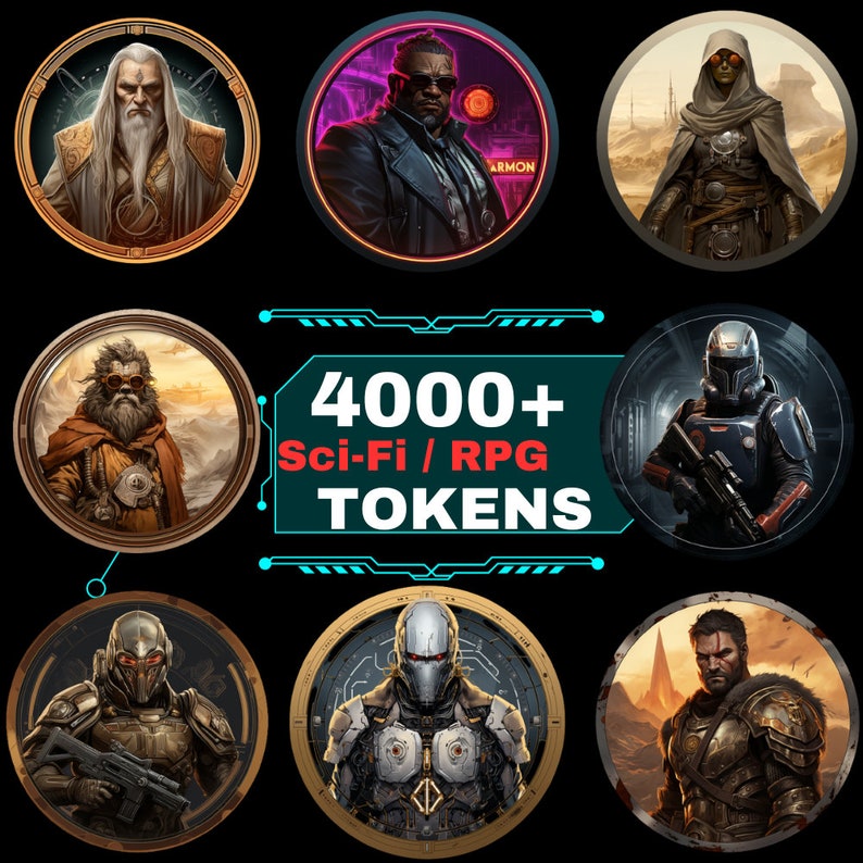 4000 Fantasy SCI-FI Tokens Pack, Character Art,Scifi token, , Tabletop RPG Accessories,Token Frame, Circle Token, cyberpunk token, dnd token image 2