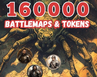 Puede incluir: Un gráfico digital que presenta una ilustración de una araña grande de color verde oscuro con el texto rojo 160000 y el texto blanco BATTLEMAPS & TOKENS. Tres fichas circulares de personajes con figuras blindadas sobre la araña.