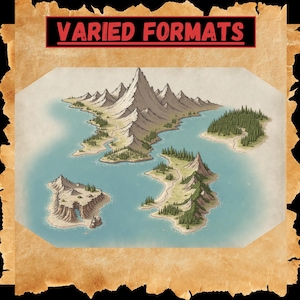 May include: A hand-drawn map of a fictional island with a mountainous terrain, surrounded by water and smaller islands. The map is drawn on a parchment-like background with the text "VARIED FORMATS" at the top.
