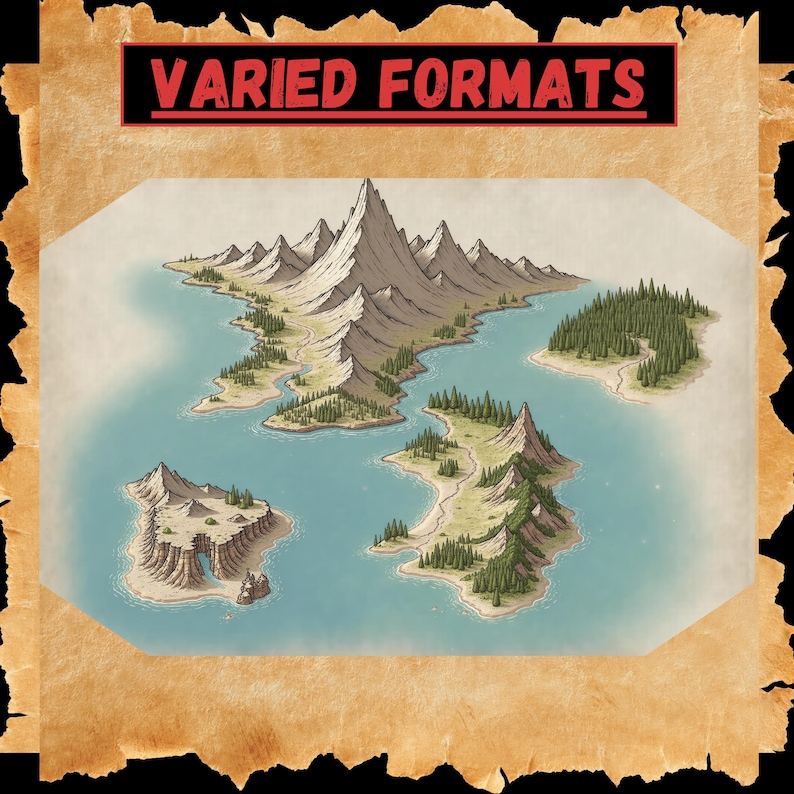 May include: A hand-drawn map of a fictional island with a mountainous terrain, surrounded by water and smaller islands. The map is drawn on a parchment-like background with the text "VARIED FORMATS" at the top.