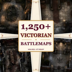 Könnte beinhalten: Eine Sammlung digitaler Schlachtkarten mit viktorianischer Architektur, darunter steinerne Innenhöfe, prunkvolle Treppenhäuser und Speisesäle. Der zentrale Text lautet 1,250+ VICTORIAN BATTLEMAPS, HIGH-RES • VTT-READY in dunkelroter Schrift.